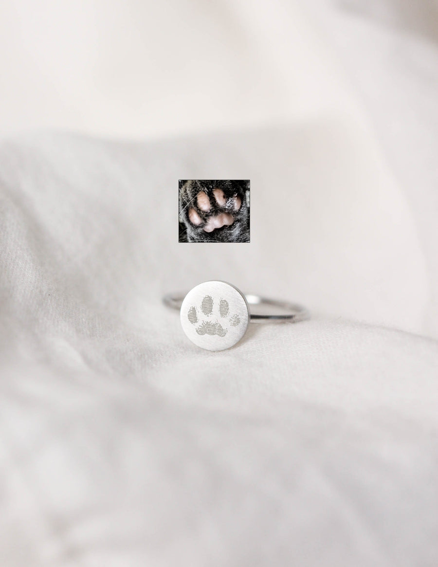 Custom Engraved Paw Print Ring • Round Disc Ring