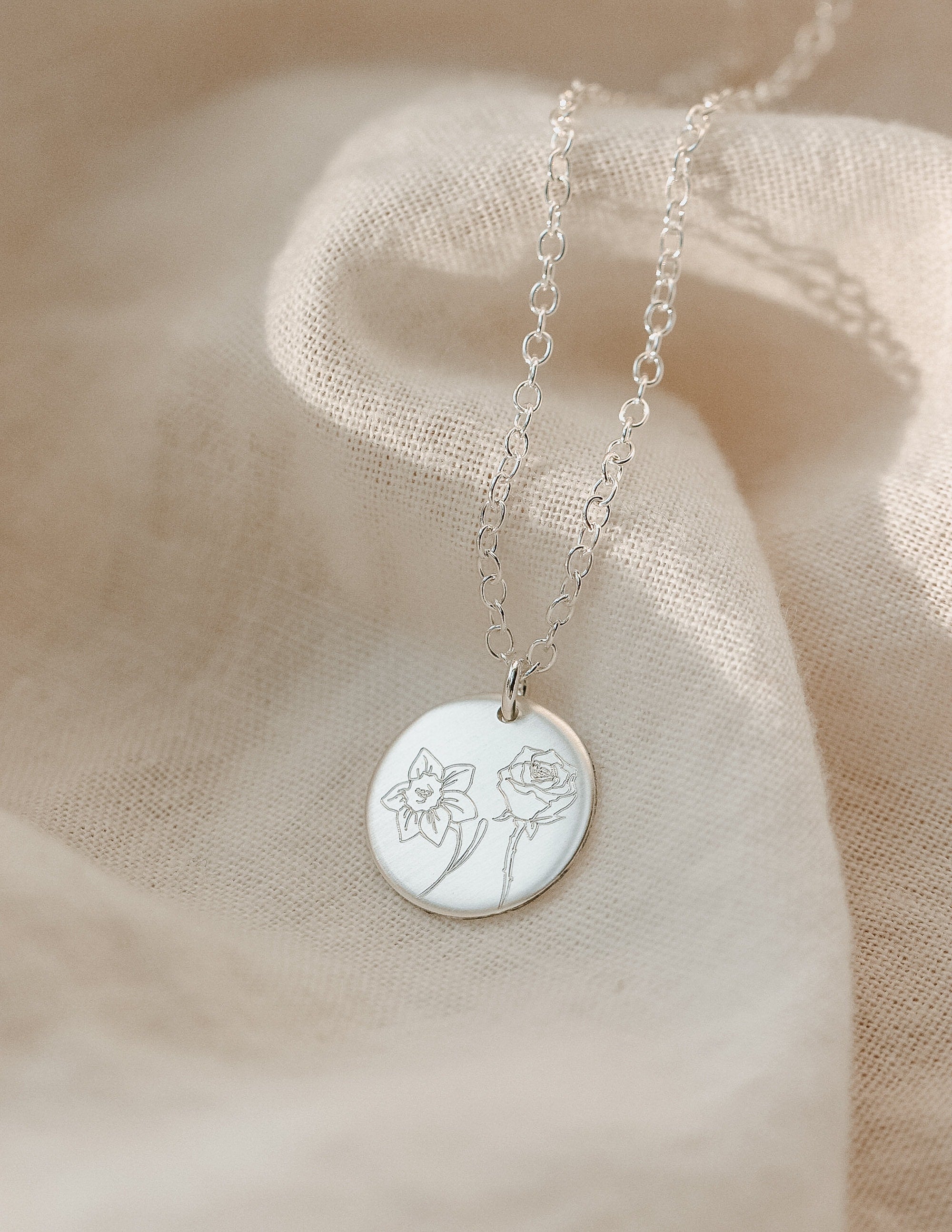 Made by Mary Birth Flower Stacker Necklace—1/2 Disc | Hand Stamped Silver / 16-18 / 2 Discs