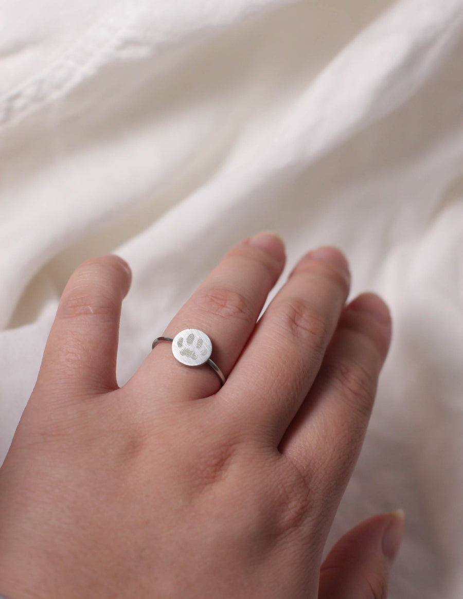 Custom Engraved Paw Print Ring • Round Disc Ring