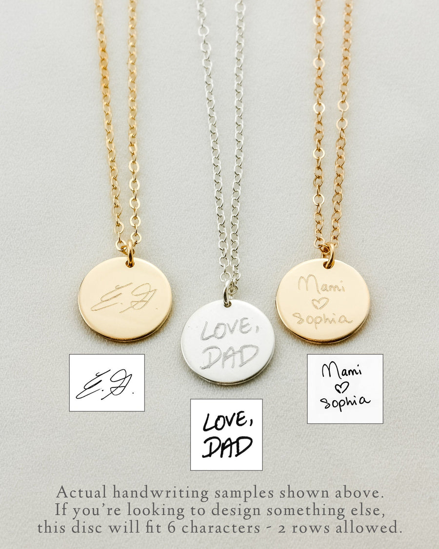 Signature Necklace • Engraved Handwriting Disc Necklace • Custom Writing • Memorial Jewelry • Custom Disc Necklace • Personalization Engrave