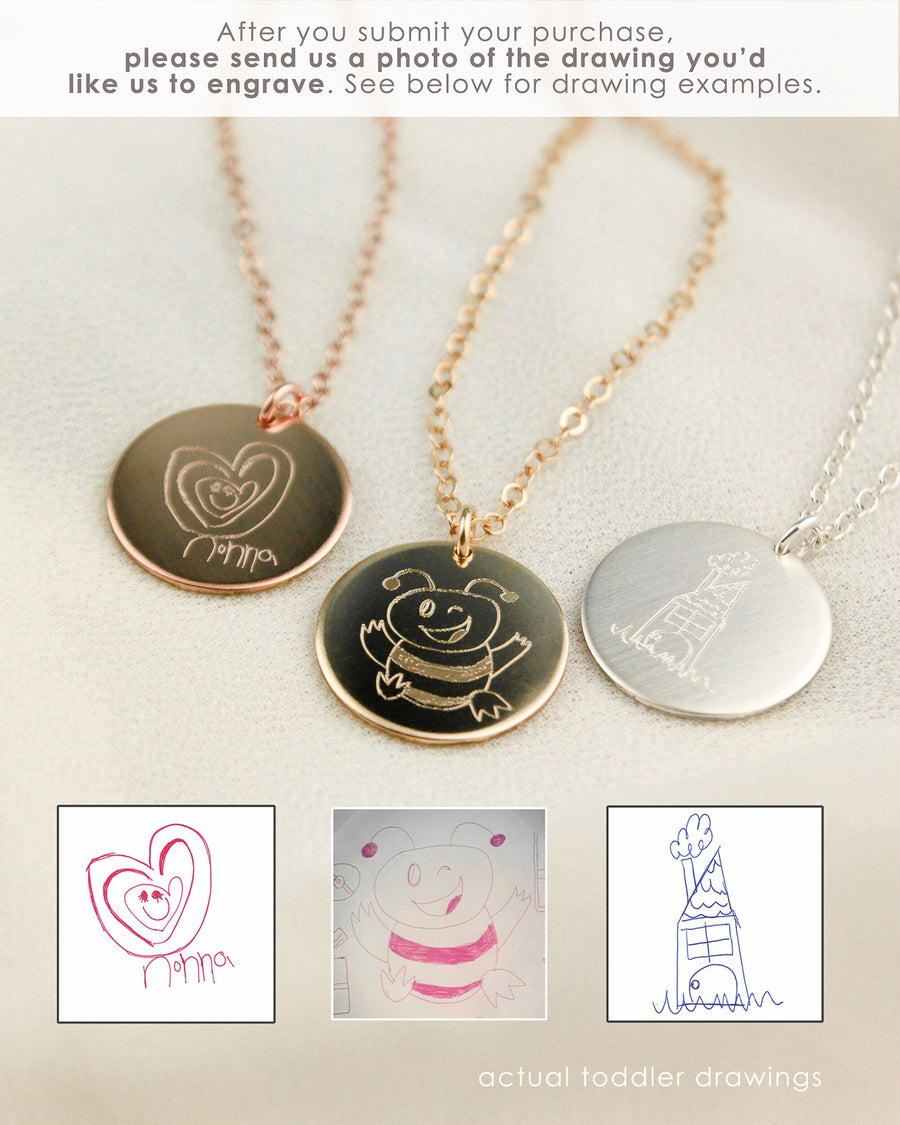 Custom Drawing Necklace • Actual Drawing Necklace • Kid Drawing • Childs Art • Gold, Rose, Silver • Special Gift for Mom • Gift for Grandma