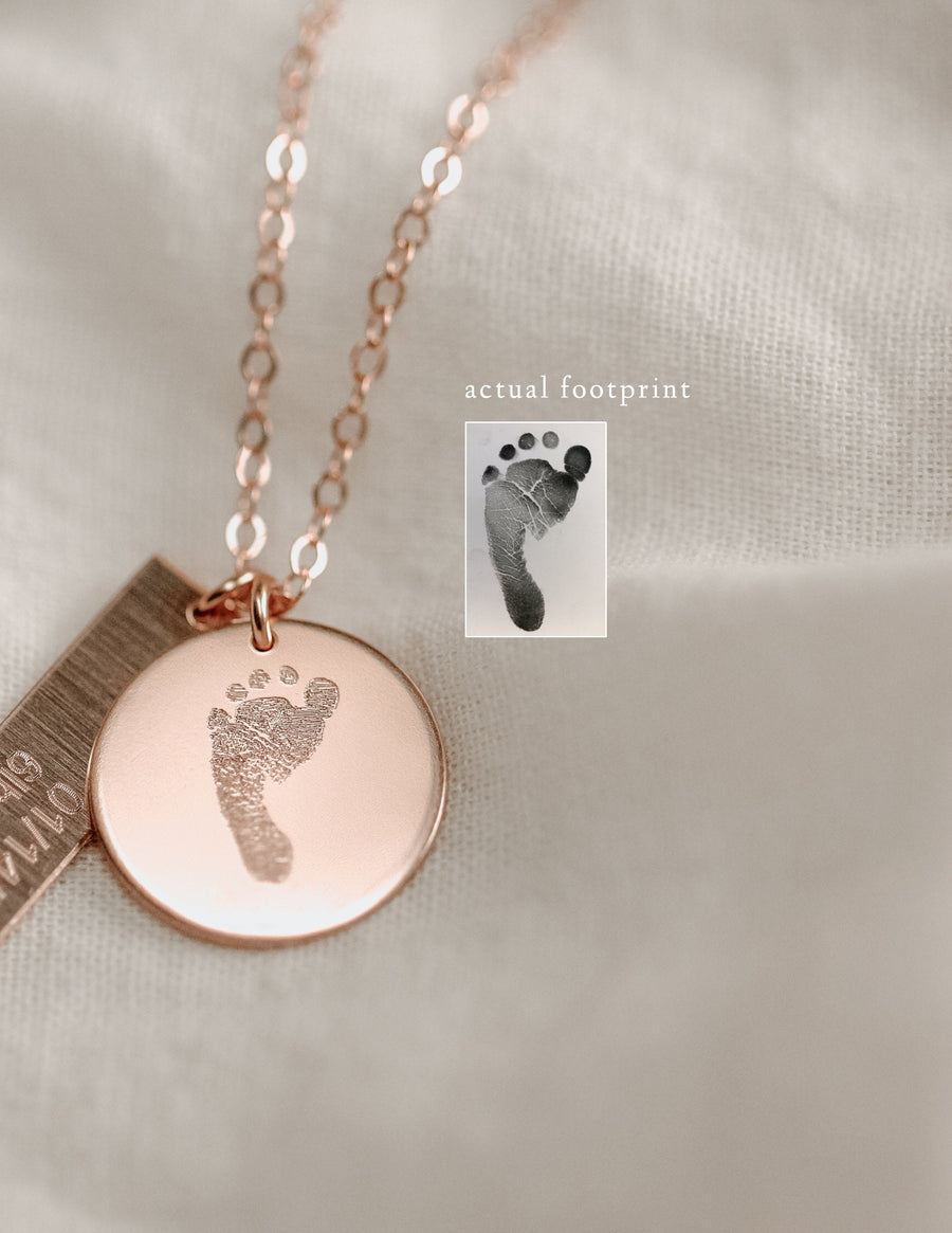 Actual Footprint with Custom Birth date Bar Necklace • Baby Footprint Necklace • Engraved Footprint, Handprint Necklace • Personalized Bar