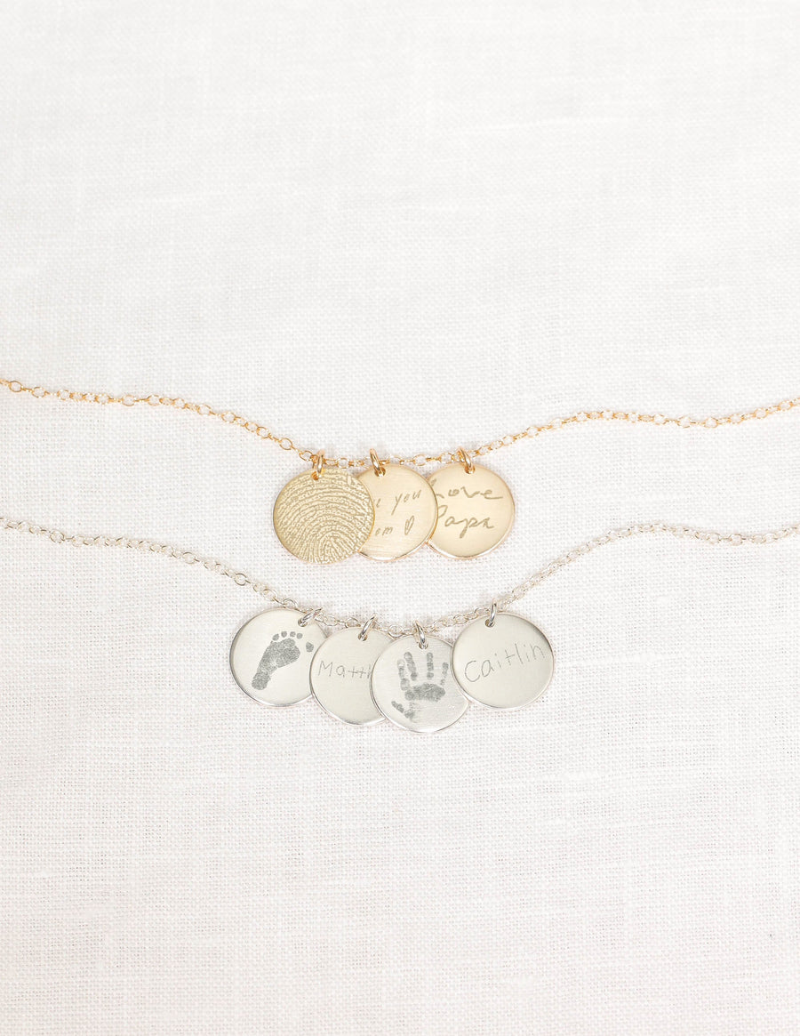 Multi Disc Necklace: Custom Handwriting • Actual Footprint & Handprint Necklace • Fingerprint Necklace • Paw Print Necklace